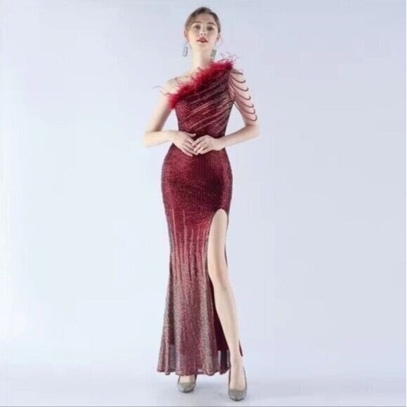 Crimson, One Shoulder Beaded,  Feather Neckline,  Sleeveless,  Sequined Gown - Picture 4 of 14